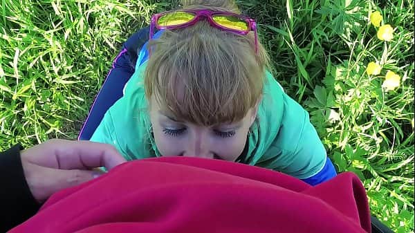 Risky outdoor blowjob and cum in mouth in the park. Amateur couple. Pov
